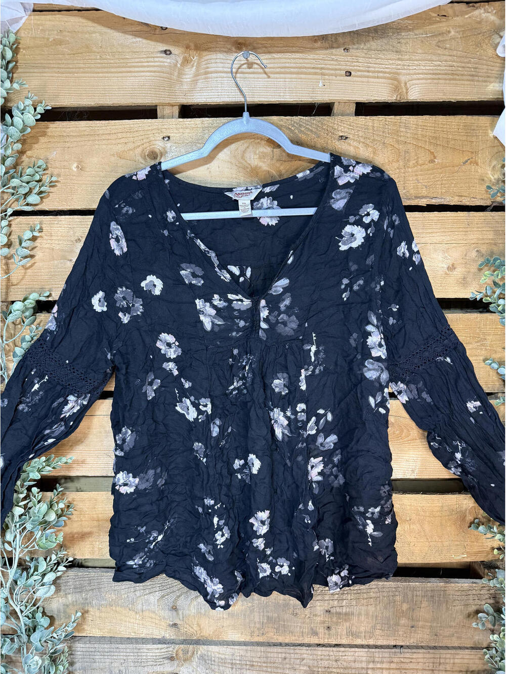 Arizona Jean XXL Black Floral Long Sleeve Blouse